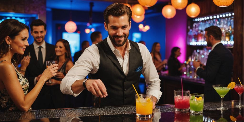 Barkeeper mixt Cocktails auf Party