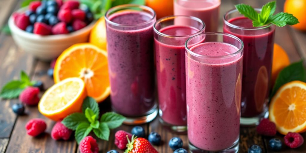 Bunte Winter-Smoothies in Gläsern mit frischen Früchten.