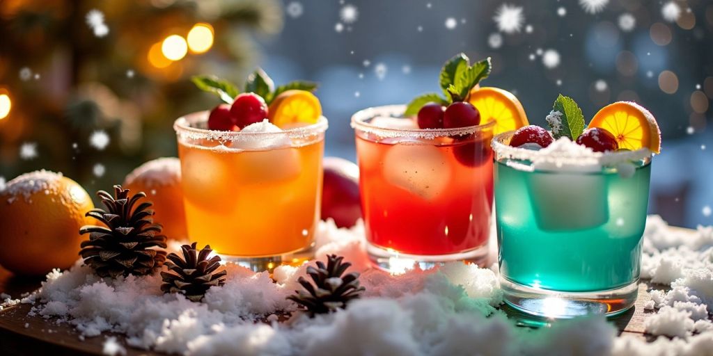 Bunte Cocktails in winterlicher Umgebung mit Schneeflocken.