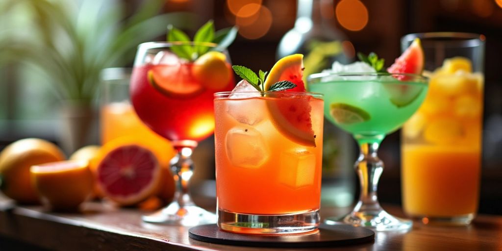 Bunte Cocktails in eleganten Gläsern mit frischen Garnituren.