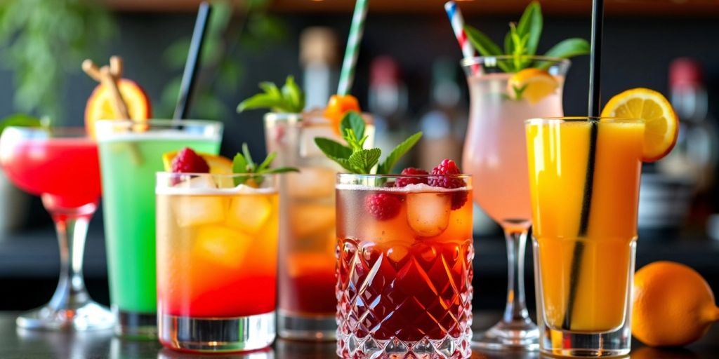 Bunte Cocktails mit Früchten und Kräutern