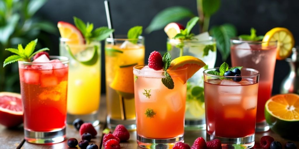 Verschiedene hausgemachte Cocktails mit Früchten und Kräutern