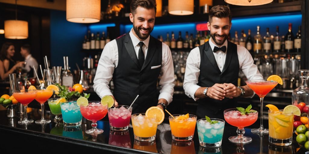 Bunte Cocktails und Barkeeper in Aktion