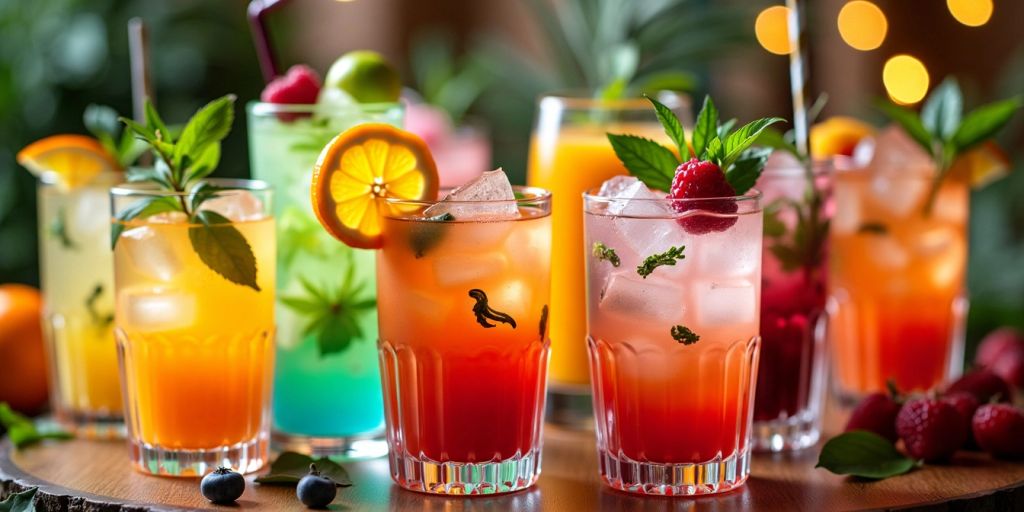 Bunte Cocktails mit frischen Früchten und Kräutern.