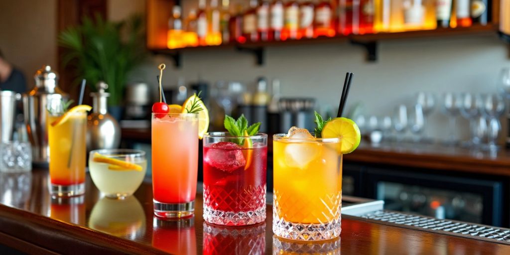 Bunte Cocktails auf einer eleganten Bar mit Gläsern.