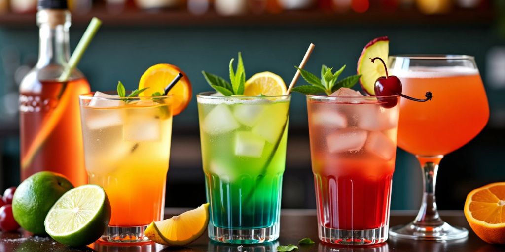 Verschiedene bunte Cocktails mit Früchten und Kräutern