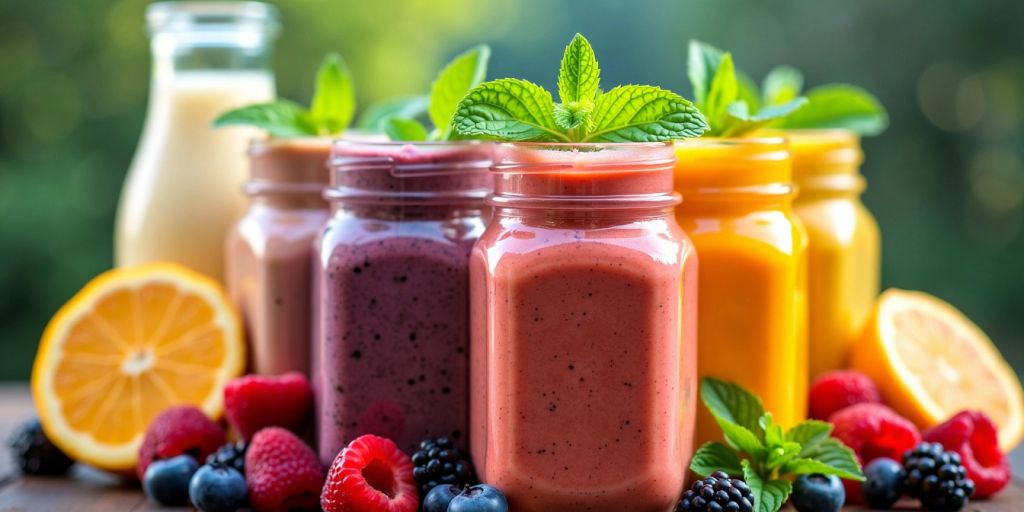 Verschiedene bunte Smoothies in Gläsern mit Minze und Beeren