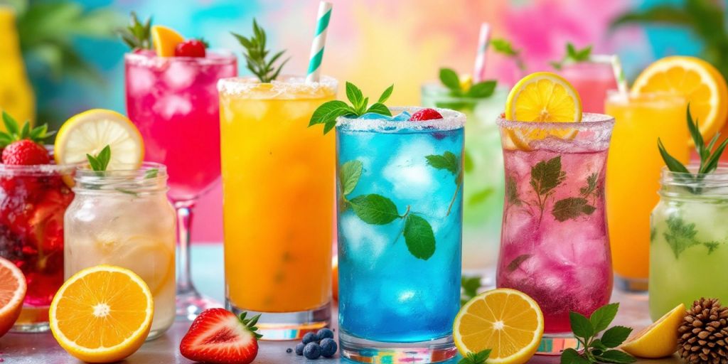 Bunte Cocktails in verschiedenen Gläsern mit Früchten.