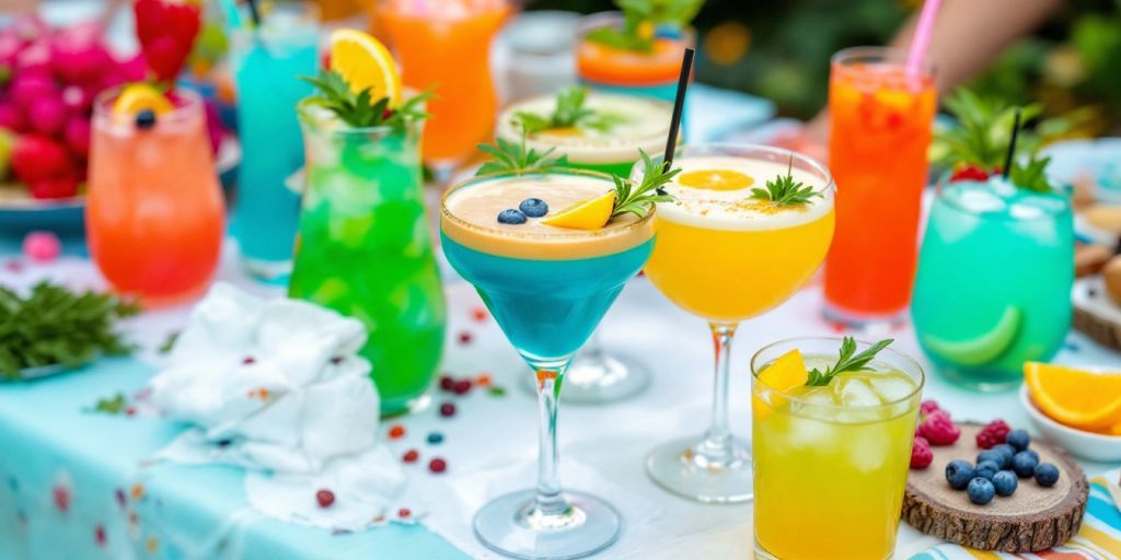 Bunte Cocktails auf einem festlichen Tisch.