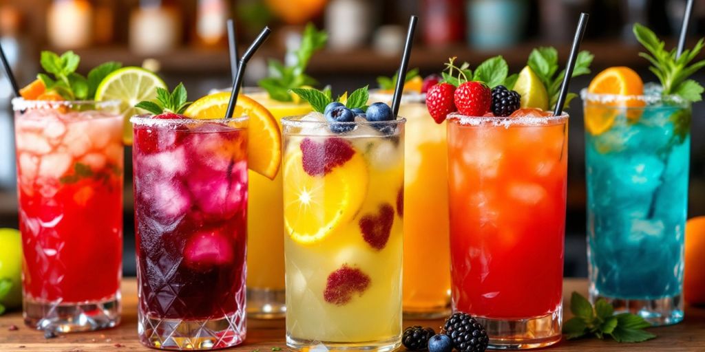 Bunte Cocktails mit frischen Früchten und Kräutern.