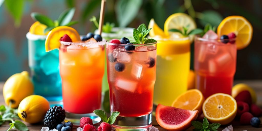 Bunte Cocktails mit frischen Früchten und Kräutern.