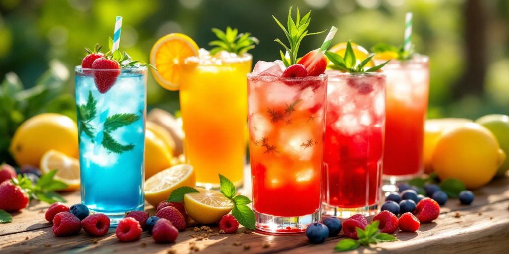 Bunte Cocktails mit frischen Früchten und Kräutern.