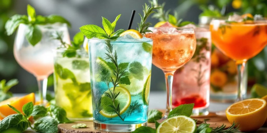 Bunte Cocktails mit frischen Kräutern garniert.