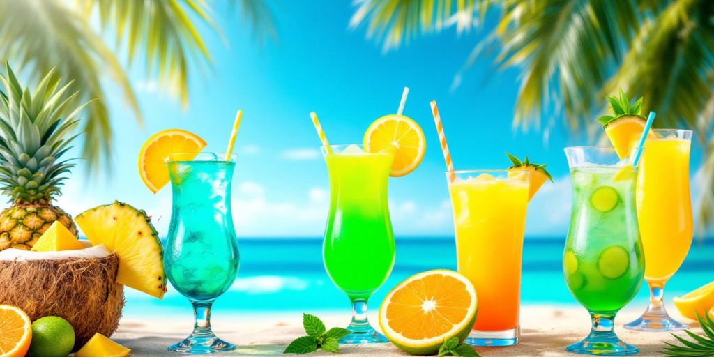 Bunte tropische Cocktails mit frischen Früchten am Strand.