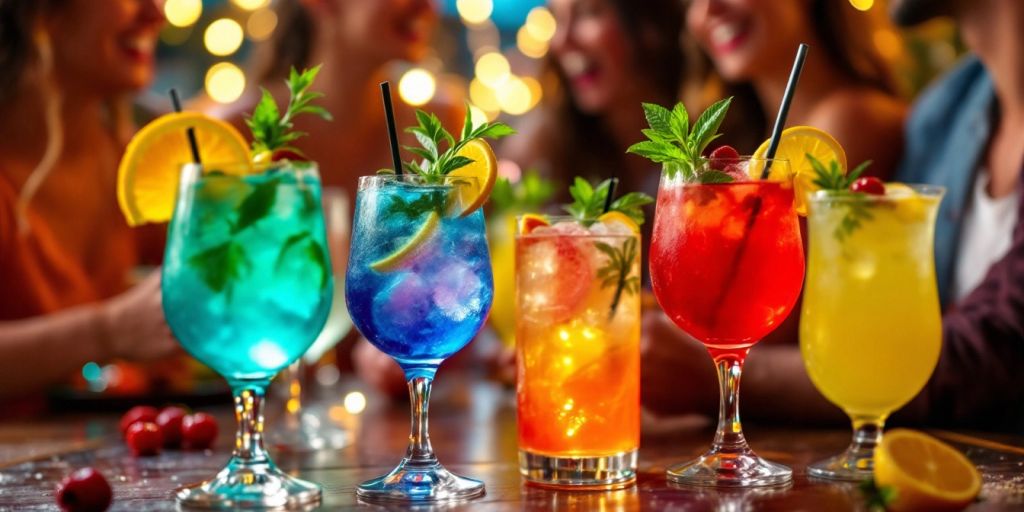 Bunte Cocktails auf einer Party mit frischen Zutaten.