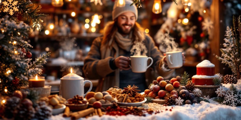 Barkeeper serviert Glühwein in festlicher Winteratmosphäre.