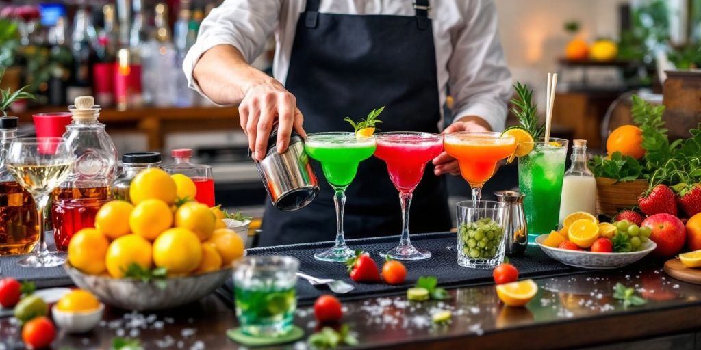 Cocktail-Service mit Barkeeper und bunten Getränken.