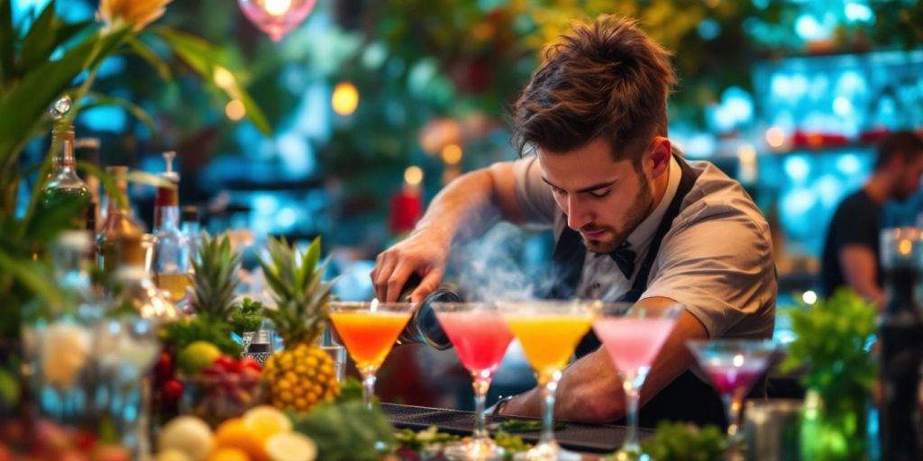 Barkeeper bei der Zubereitung bunter Cocktails auf einer Veranstaltung.