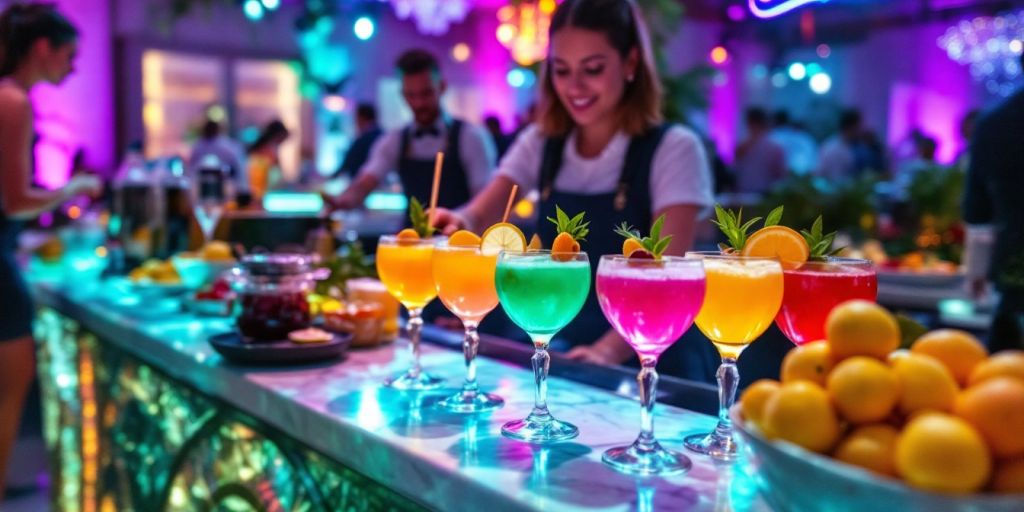 Bunte Cocktails und elegante Gläser an einer Bar.