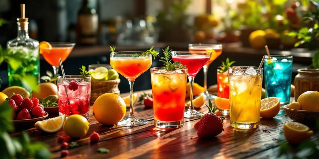 Bunte Cocktails und frische Früchte auf einem Tisch.