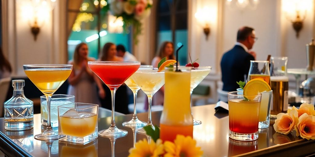 Elegante Cocktailbar für die Hochzeit mit bunten Getränken.