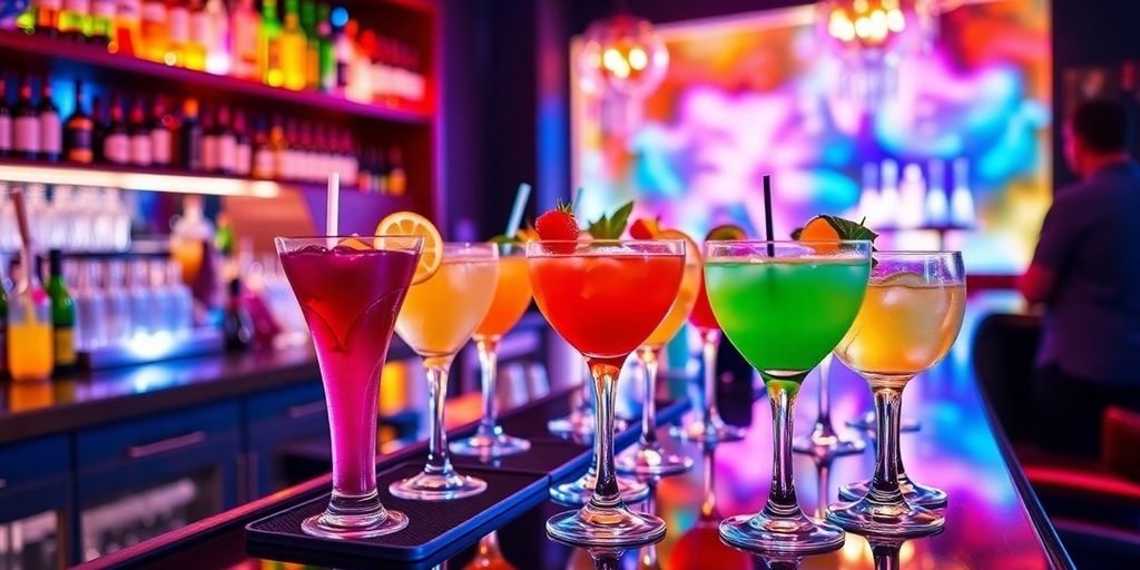 Vibrante Cocktail-Bar mit bunten Getränken und eleganter Einrichtung.