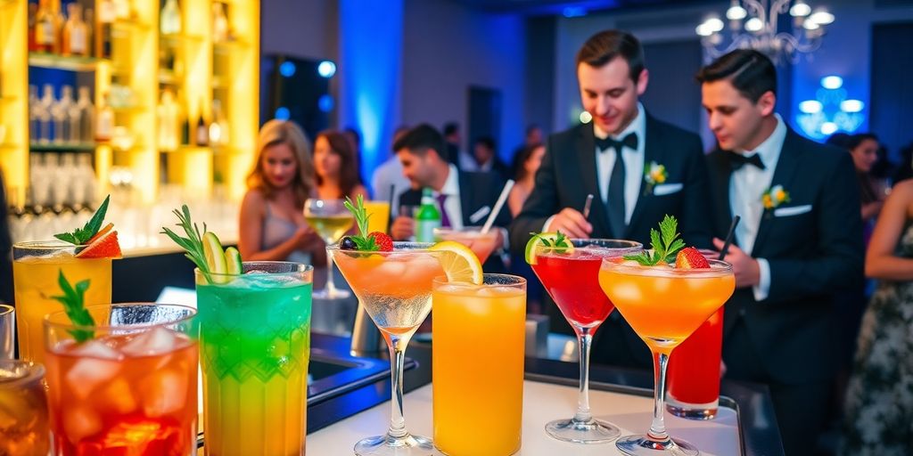 Bunte Cocktails und Barkeeper auf einer Veranstaltung.