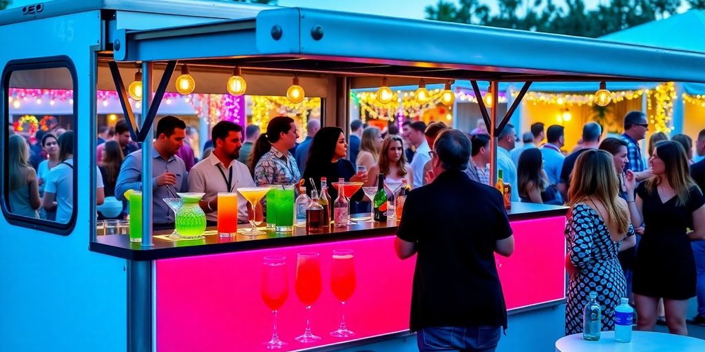 Mobile Cocktailbar mit bunten Cocktails bei Veranstaltung.