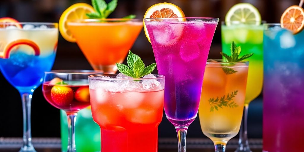 Farblich schichtweise Cocktails in Gläsern mit Garnituren.