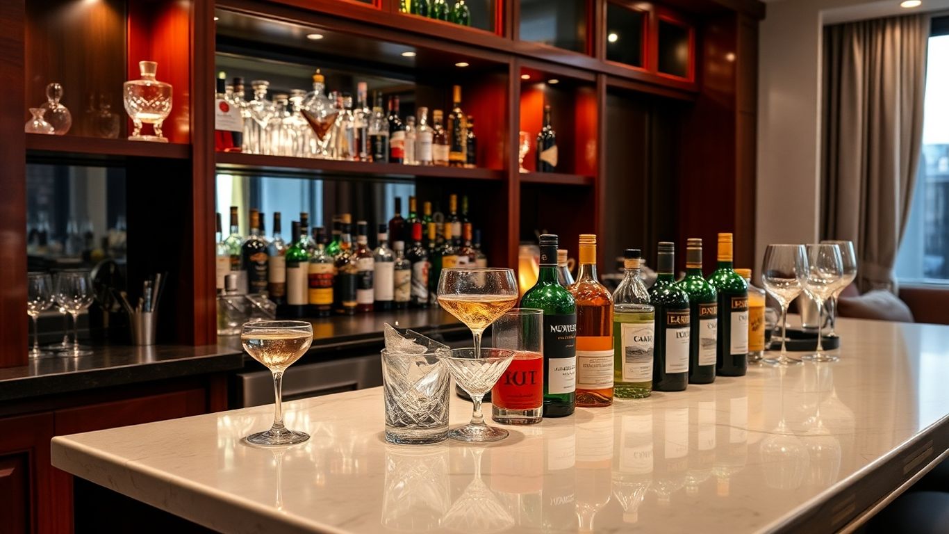 Elegante Hausbar mit poliertem Holz und Gläsern.