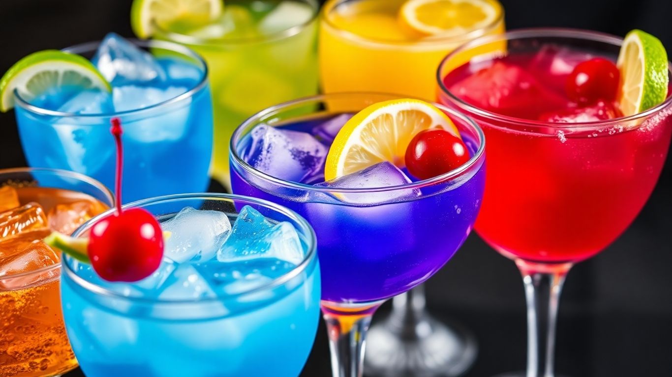 Bunte Cocktails mit Früchten und Eiswürfeln