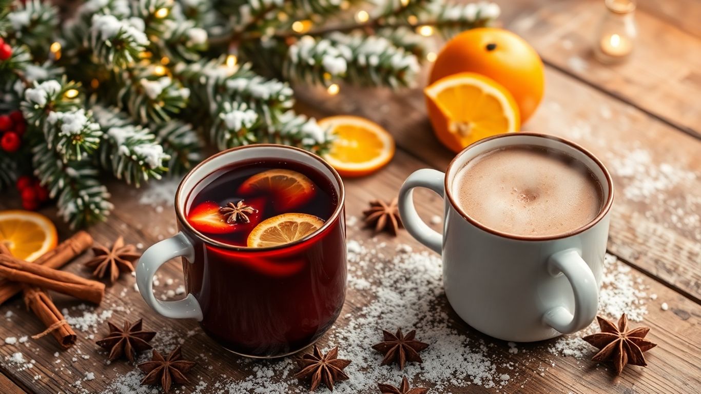 Warme Wintergetränke mit Gewürzen und Garnituren