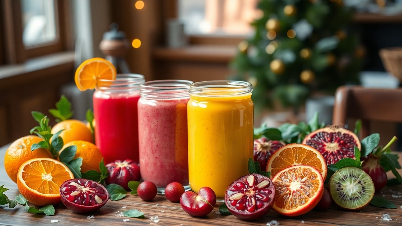 Winterliche Smoothies mit Obst auf Holztisch im gemütlichen Ambiente