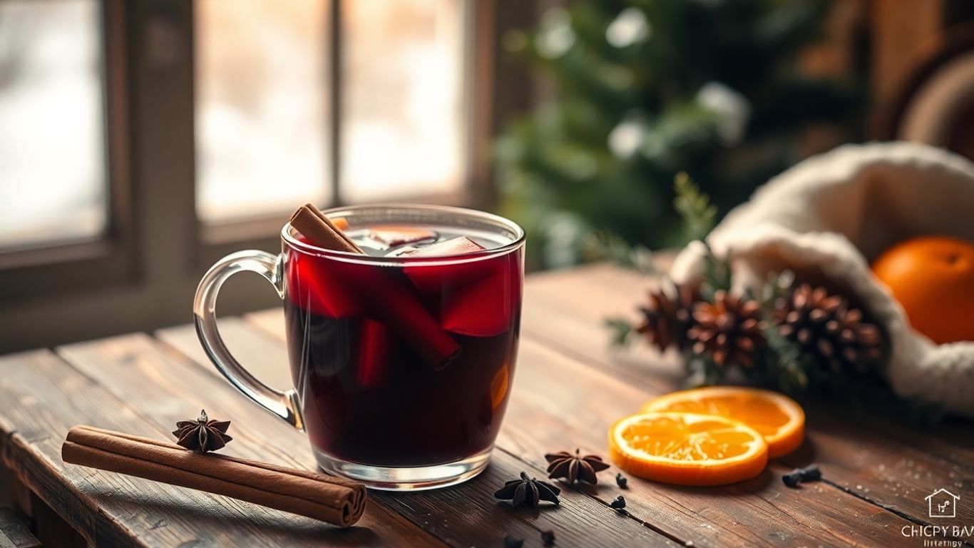 Heißer Glühwein in einer Tasse mit Zimt und Sternanis.