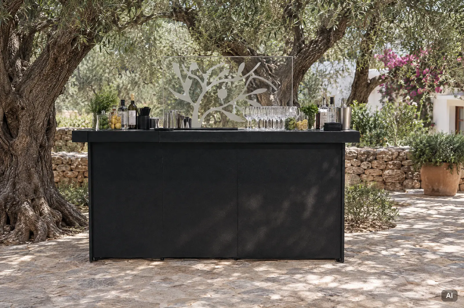Mobile Bar mit Logo unter Olivenbäumen auf einer Finca auf Ibiza, aufgestellt im Schatten der Baumkronen