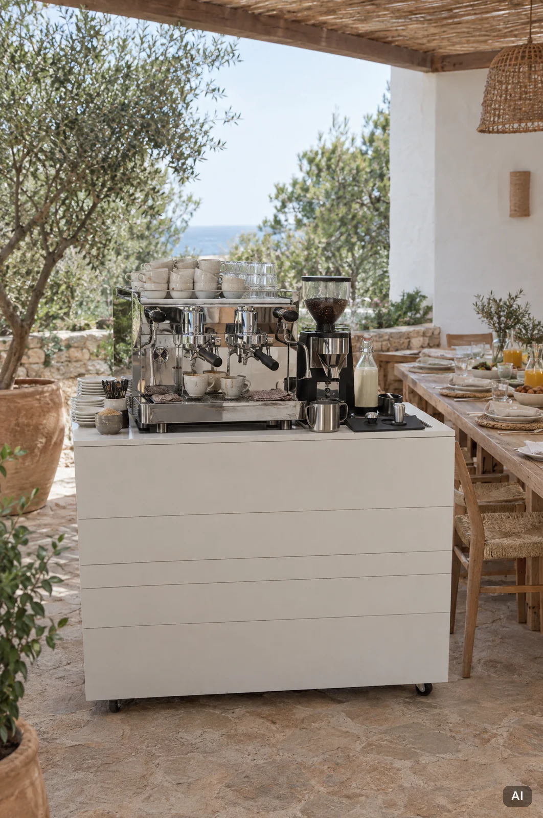 Mobile Kaffee-Bar mit Siebträgermaschine beim Brunch auf einer Terrasse auf Ibiza neben gedeckten Tischen