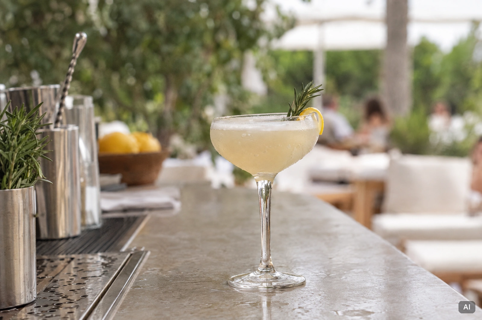 Cocktail in einer Coupette mit Rosmarinzweig und Zitronenzeste als Drink-Idee für eine Feier auf Ibiza