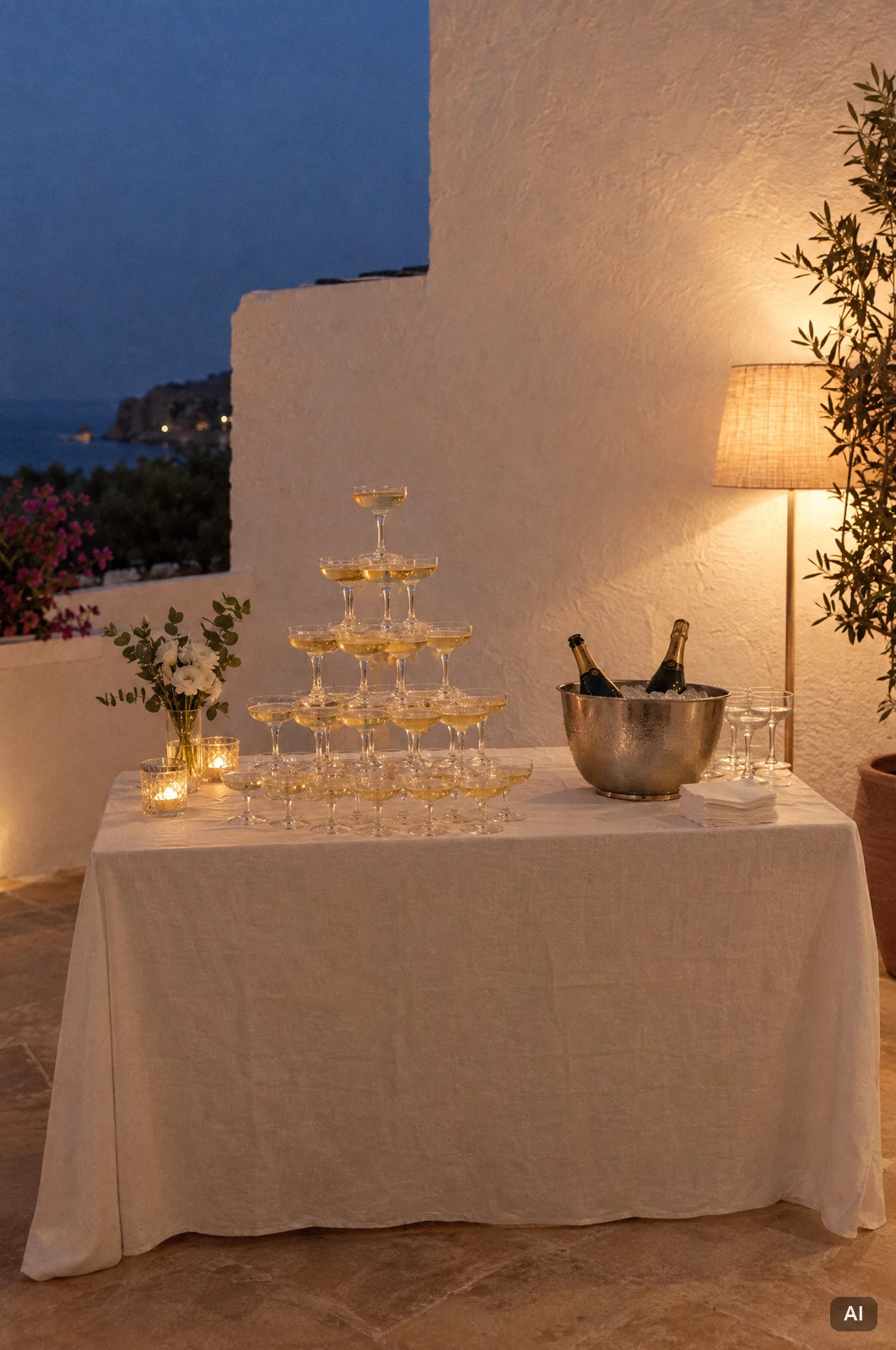 Sektpyramide aus übereinandergestellten Coupette-Gläsern auf einem gedeckten Tisch einer Terrasse auf Ibiza