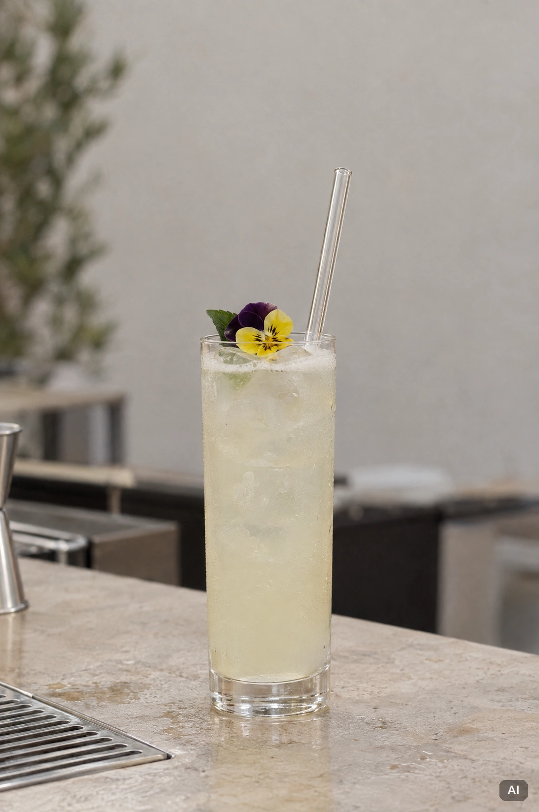 Alkoholfreier Cocktail mit essbarer Blüte und Glasstrohhalm auf einer Theke für ein Event auf Ibiza