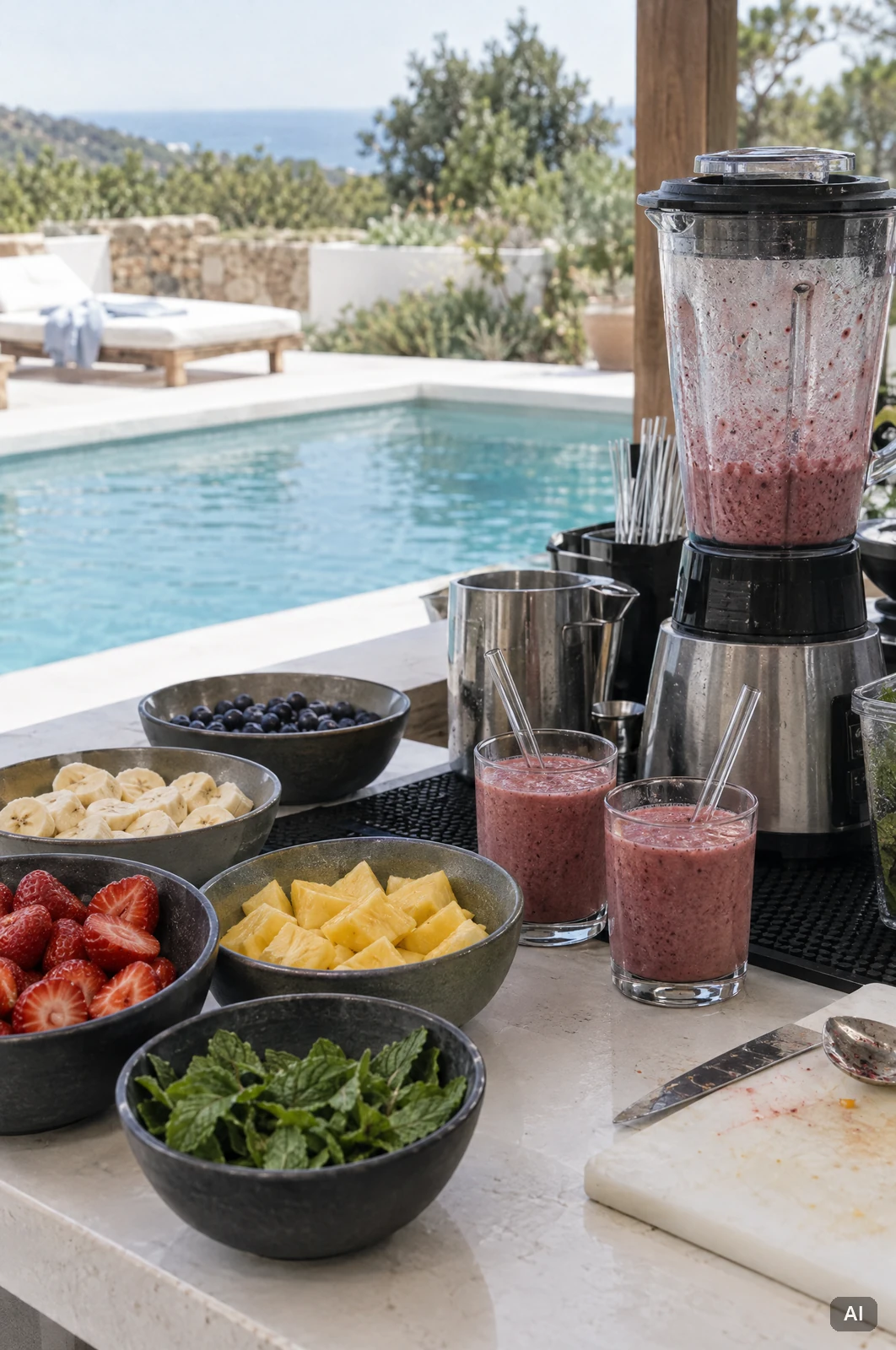 Smoothie-Station mit frischen Früchten und gefüllten Gläsern neben einem Pool auf Ibiza bei Tageslicht