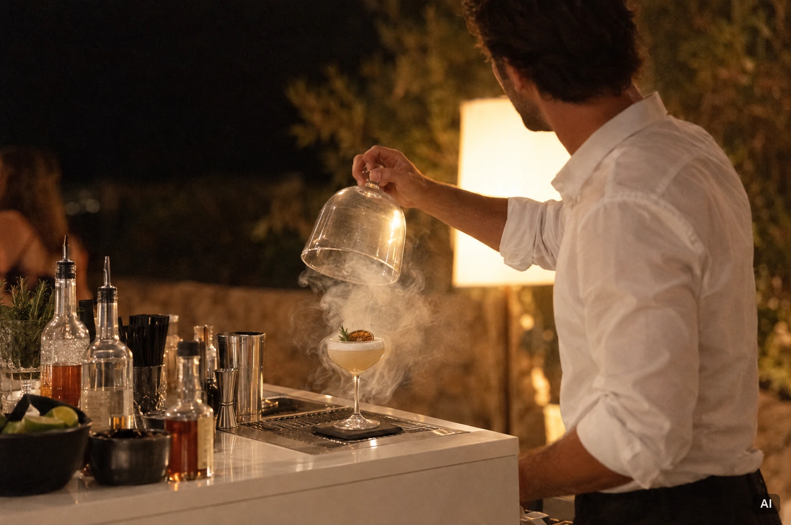 Barkeeper hinter einer Bar auf Ibiza bei einem Show-Element mit sichtbarem Rauch in warmem Gegenlicht