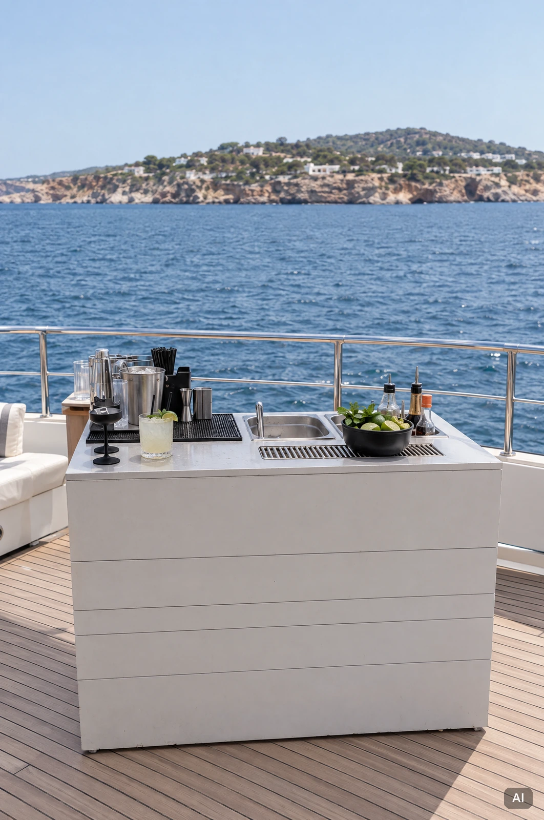 Kompakte mobile Bar auf einem Yachtdeck vor Ibiza mit einem fertig zubereiteten Cocktail auf der Theke