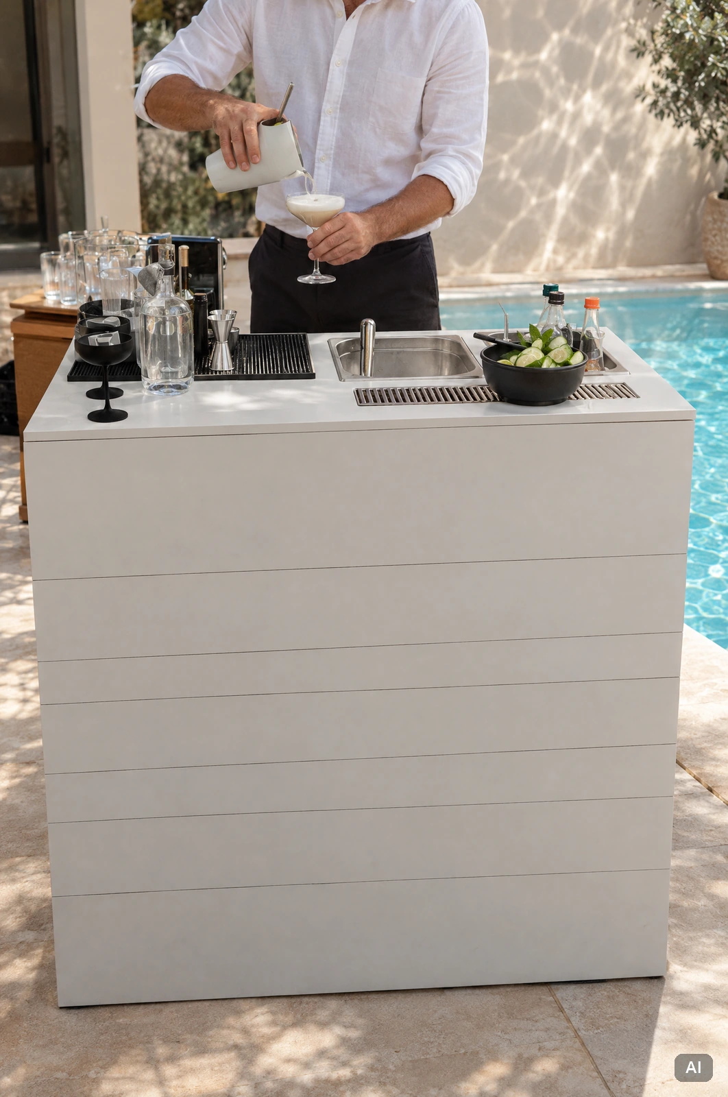 Barkeeper im weißen Hemd arbeitet hinter einer mobilen Theke auf Ibiza, Poolreflexionen im Hintergrund