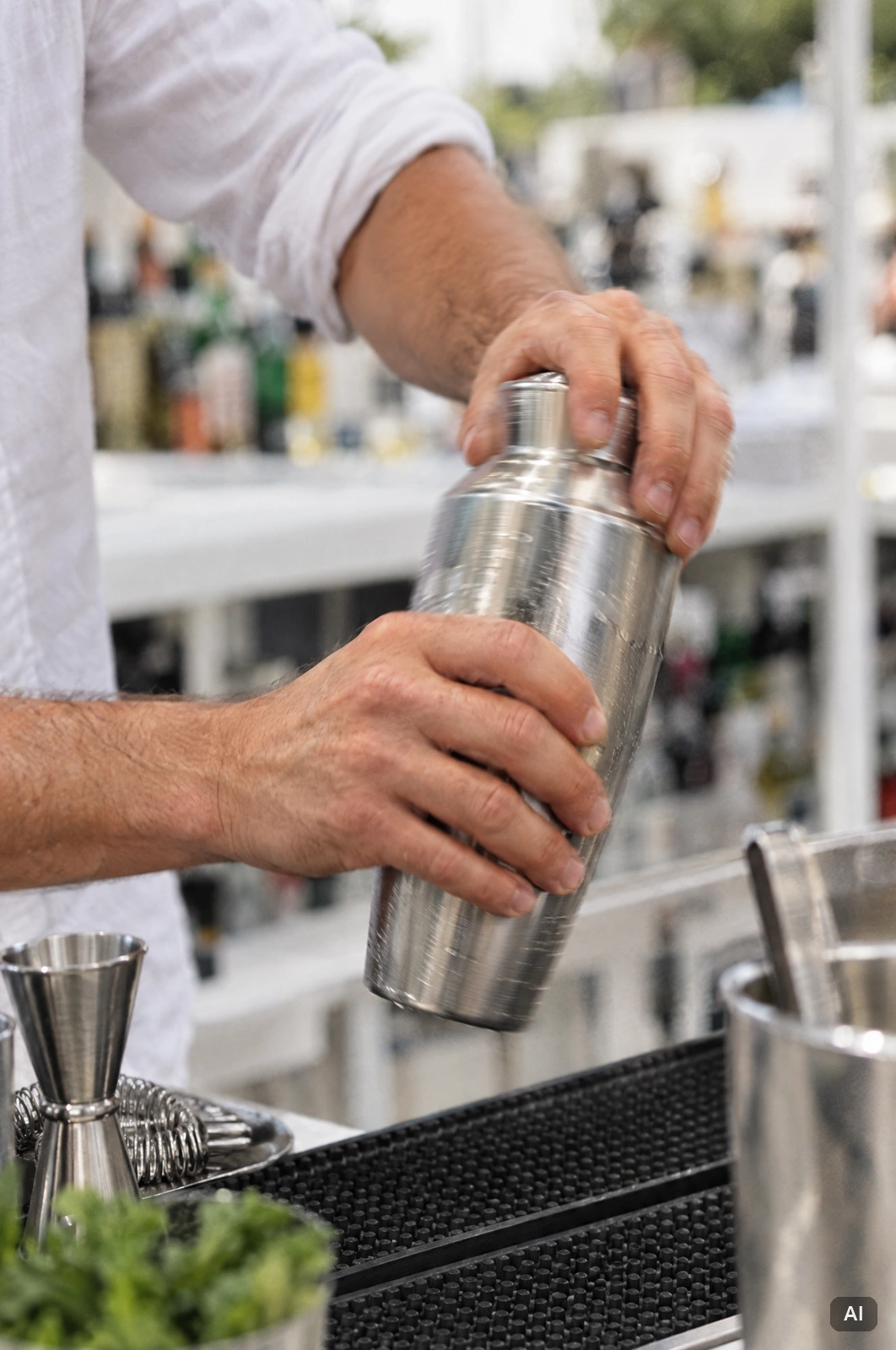 Nahaufnahme von Händen am Cocktailshaker an einer Bar auf Ibiza im hellen mediterranen Tageslicht