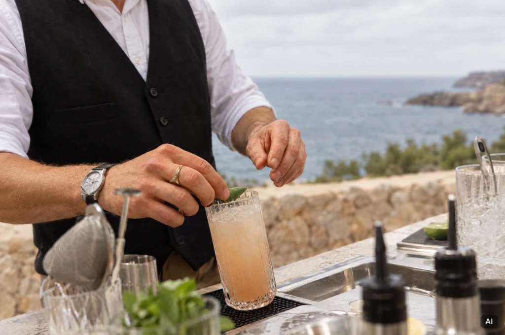 Barkeeper beim Aufbau eines Cocktails auf einer Terrasse auf Ibiza, das Meer unscharf im Hintergrund