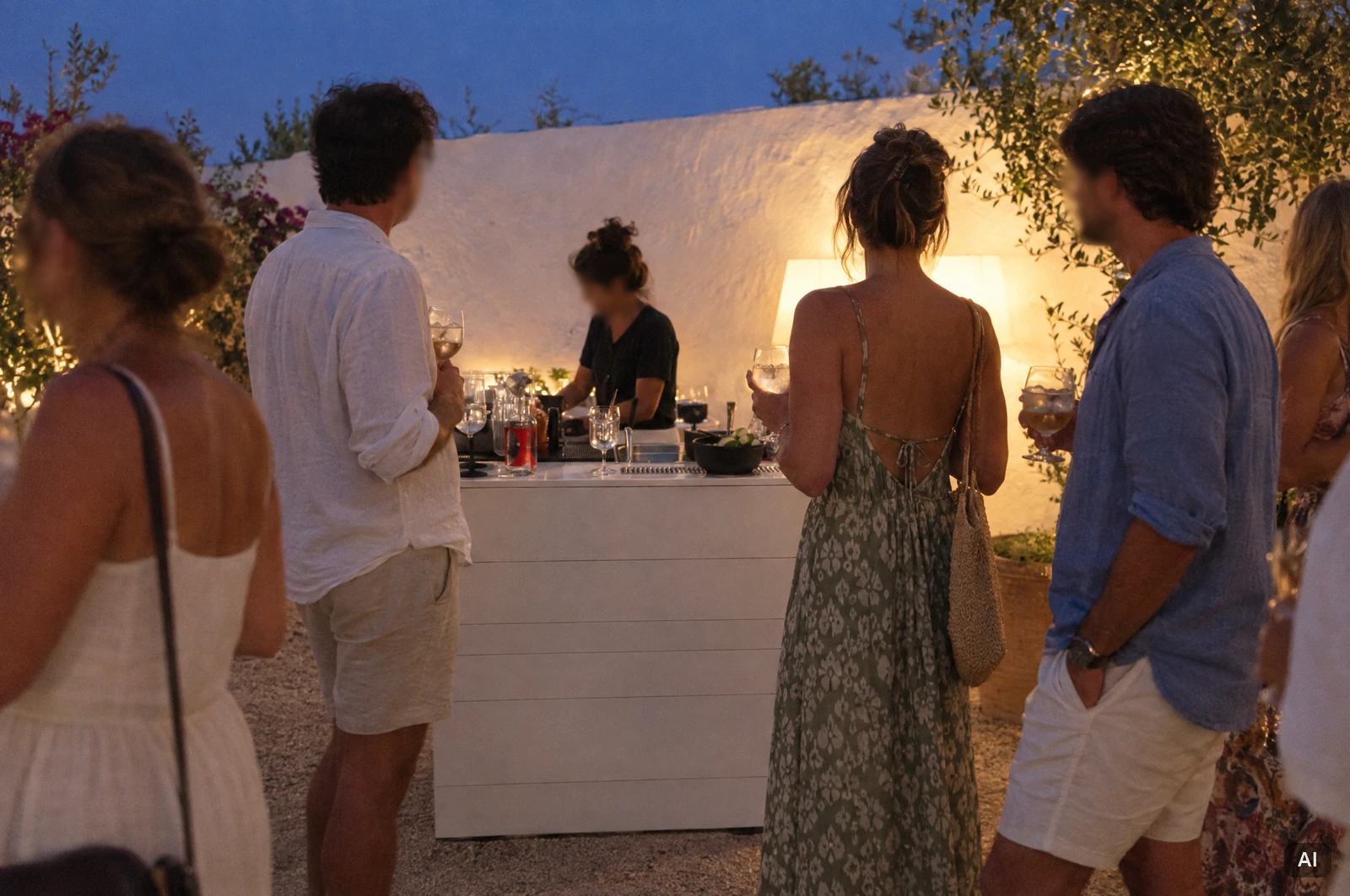 Gäste stehen bei einem Abendevent im Freien an einer mobilen Bar auf Ibiza und halten Cocktails in der Hand