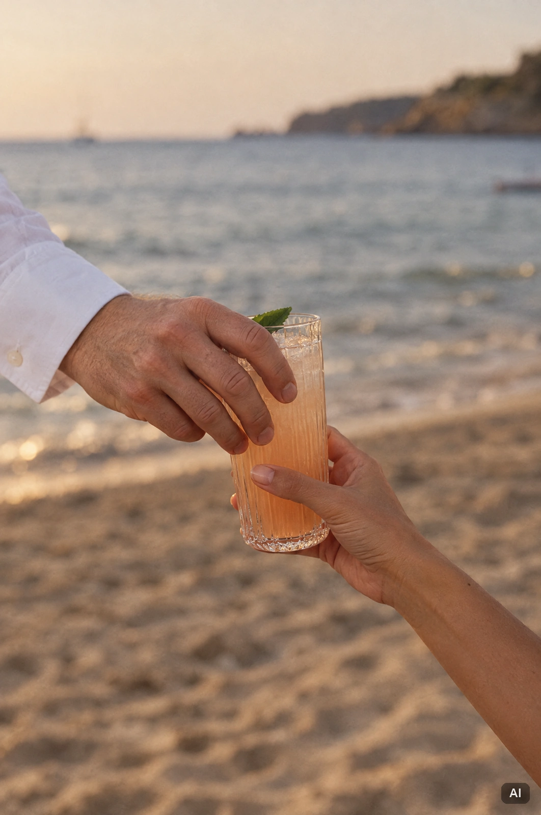 Barkeeper reicht einem Gast am Strand auf Ibiza einen Cocktail, beide Hände im warmen Abendlicht