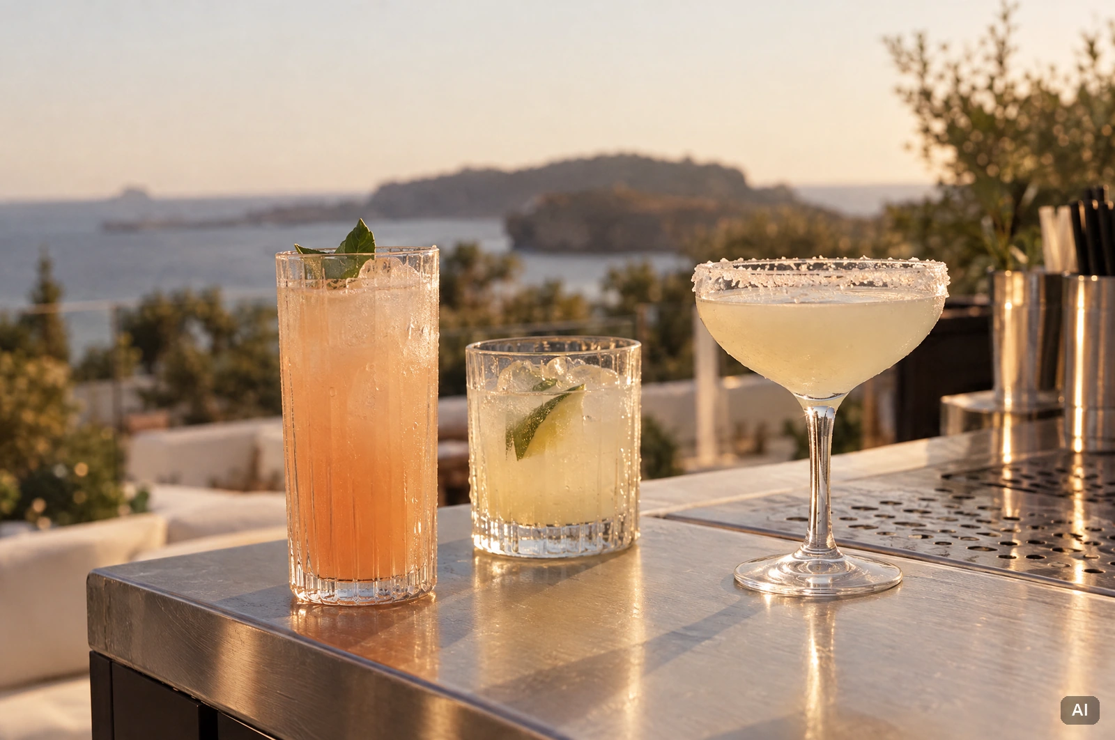 Frisch servierte Cocktails mit Meersalzrand auf einer Bartheke auf Ibiza im warmen Licht des Sonnenuntergangs