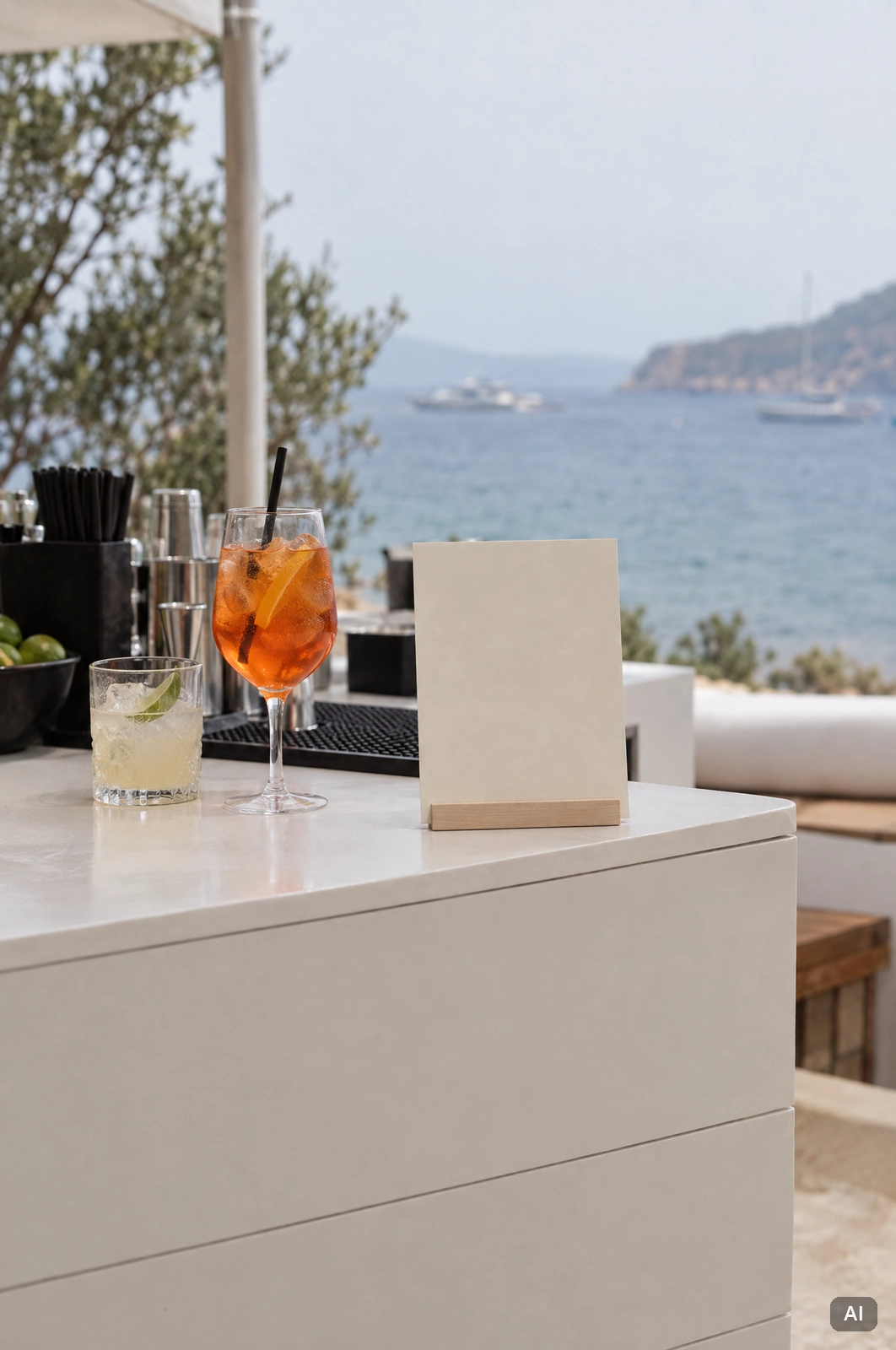 Aufgestellte Getränkekarte auf einer Bartheke auf Ibiza mit Blick auf das Meer hinter dem Barplatz